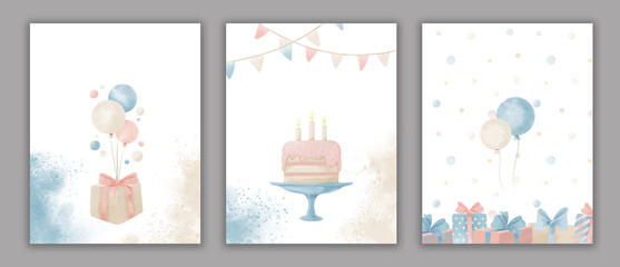 Birthday greeting cards. Watercolor templates for party celebrate with presents and balloons. Design for baby boy or girl shower with cake and garlands. Decorative Backgrounds