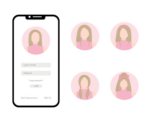 Set of avatars with young woman for login page on smartphone screen