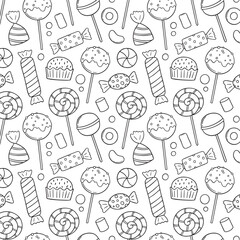 Seamless pattern of sweets and candies doodle. Lollipop, caramel, marshmallow in sketch style.  Hand drawn vector illustration.