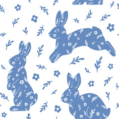 Simple light blue seamless pattern of rabbits and flowers. Vector modern illustration. For wrapping paper, fabric, and wallpaper.