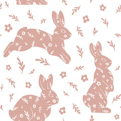 Simple light beige seamless pattern of bunnies and flowers. Vector modern illustration. For wrapping paper, fabric, and wallpaper.