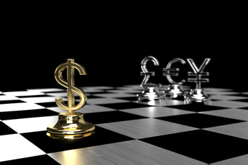 Golden dollar currency symbol standing out of the others, yen, euro, and pound, on the chessboard. Competitive business and investment strategy concept. 3D rendering isolated with clipping path.