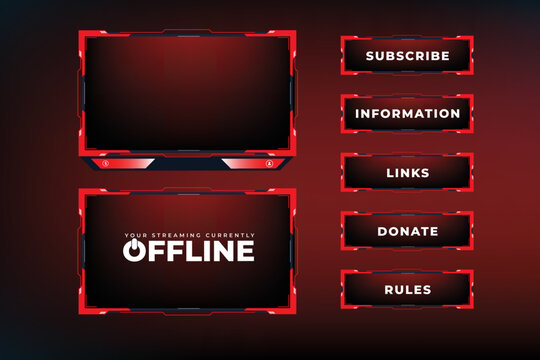 Modern gaming overlay and screen panel vector design with red color. Live streaming overlay design on a dark background. Broadcast gaming border design with buttons. Abstract gaming screen interface.