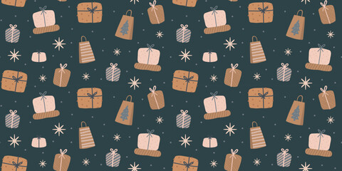 Doodle Hand drawn Christmas gifts box seamless Pattern
