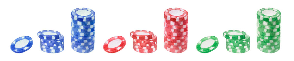 Watercolor different Poker chips on the white background