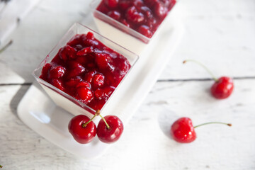 Creamy panna cotta with cherry sauce