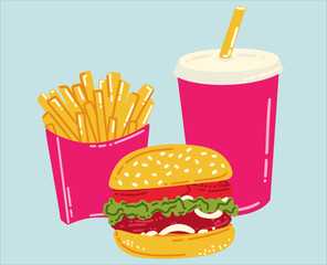 Fast food set. Hamburger, french fries and a drink in a paper cup. American street food in flat style. Vector illustration of a fast food cafe.