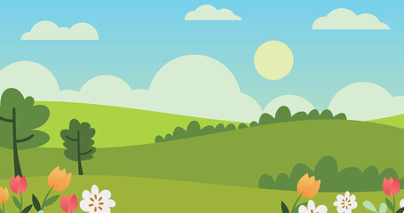 green garden background with fresh cartoon flowers and trees