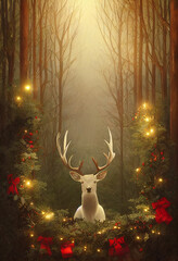 white Christmas deer on the background of a fairytale forest with Christmas decorations, New Year's decor, retro postcard, 3d rendering