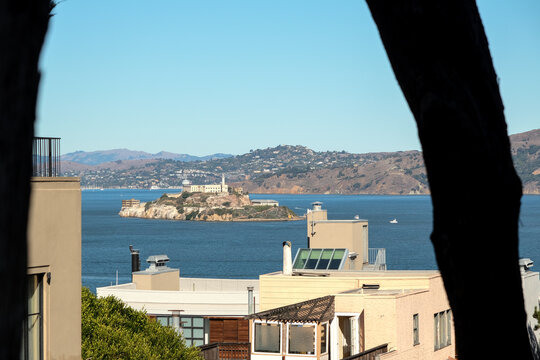 Panoramic scenic aerial view over San Francisco Bay Area with Golden Gate Bridge, downtown skyline cityscape and Alcatraz island sailing boats yachts harbor landmark sights Tower scenery