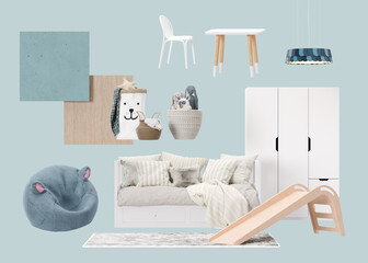 Interior design mood board with isolated modern childs room furniture, home accessories, materials. Furniture store, details. Interior project for kids room. Contemporary style, collage. 3d render.