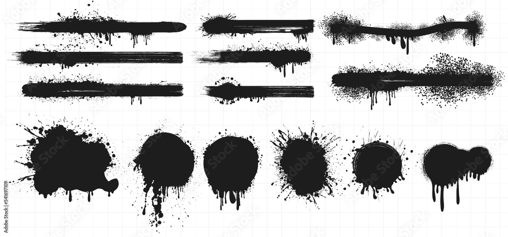 Poster Spray painted lines and grunge dots. Ink lines and drips sprayed or splattered on surface. Paint splatter circle shapes, graffiti drawing strokes.  Street art or vandalism. Vector illustration
