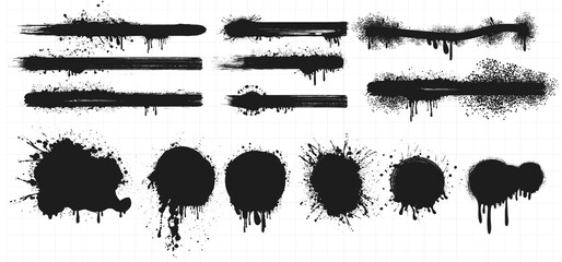 Spray painted lines and grunge dots. Ink lines and drips sprayed or splattered on surface. Paint splatter circle shapes, graffiti drawing strokes.  Street art or vandalism. Vector illustration