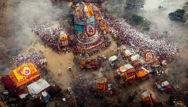 AI generated image of aerial view of the annual grand Rath yatra or car festival of Lord Jagannath at Puri, Orissa, India	