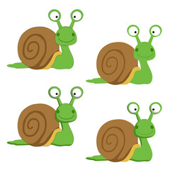 Vector funny cartoon green snail with big eyes isolated on white background