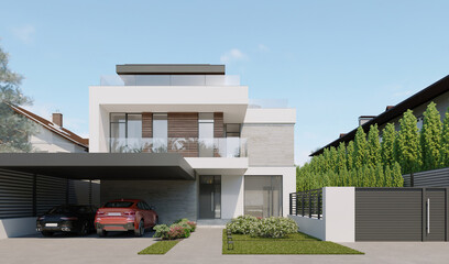 Modern private house with a carport and a small plot. 3D visualization. House concept