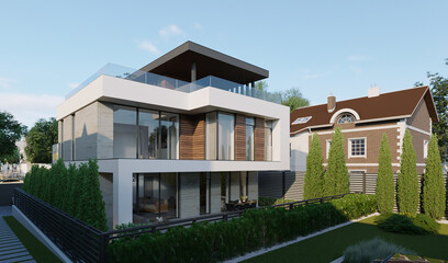 Modern private house with a carport and a small plot. 3D visualization. House concept