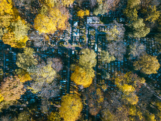 Kraków Aerial View. Rakowicki Cemetery at Autumn time. Kraków is a the capital of the Lesser...