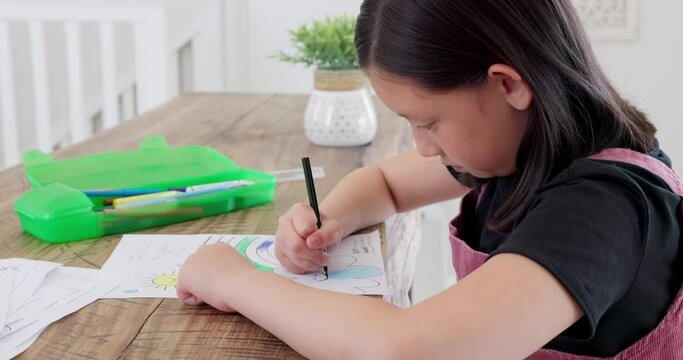 Girl, sketch and creative while drawing in paper for homework, learning or fun in home. Child, pencil and picture on page while busy with homeschool, color art or artistic hobby on table in house