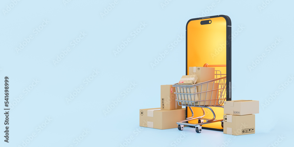 Poster online shopping and delivery concepts back ground .shopping cart with parcel boxes in smartphone on 