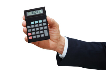 Gesture series: man holding calculator - 541699315