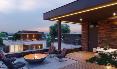 Roof garden in a modern city house. 3D visualization. House in modern style. Evening illumination of the facade. Exterior