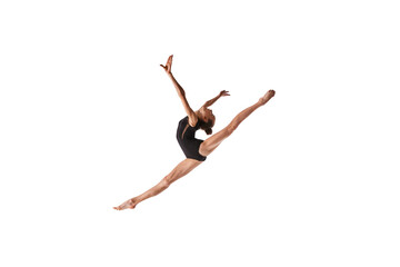 Fototapeta na wymiar Twine in jump. Portrait of junior gymnast in black sport swimsuit doing gymnastics excercises isolated over white background. Sport, skills, achievements