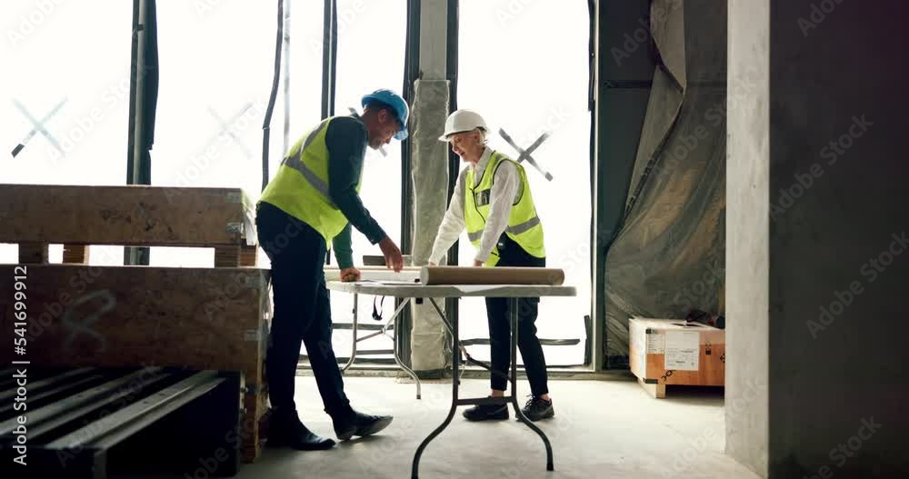 Poster Architecture, project management and blueprint at construction site for planning, building development and logistics. Engineering teamwork, floor plan consulting and property developer collaboration