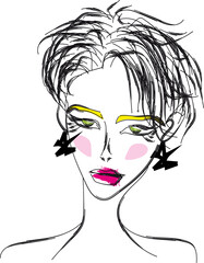 Girl with a long shaggy pixie haircut and pink lipstick, gentle blush, abstract irregular shape earrings