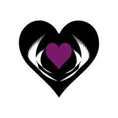 Patterned heart, wings, black and purple, emblem, sticker, logo