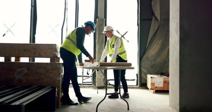 Architecture, project management and blueprint at construction site for planning, building development and logistics. Engineering teamwork, floor plan consulting and property developer collaboration