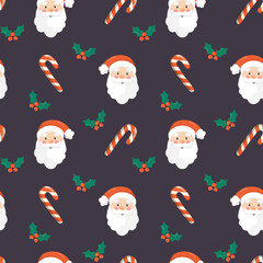 Seamless christmas pattern. Background with with santa claus head, mistletoe and candies . Perfect for wrapping paper, greeting cards, textile print.