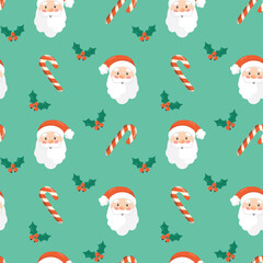 Seamless christmas pattern. Background with with santa claus head, mistletoe and candies . Perfect for wrapping paper, greeting cards, textile print.