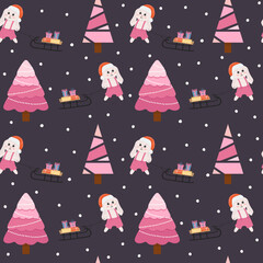 Seamless pattern with bunny and Christmas tree. Perfect for wrapping paper, greeting cards, textile print.