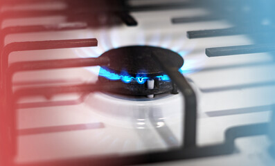 The gas burns in the burner of a kitchen stove