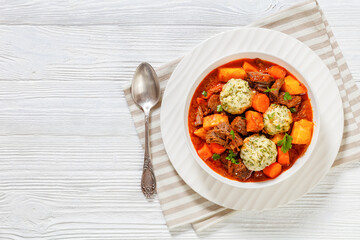 Beef Stew with Dumplings in bowl, top view