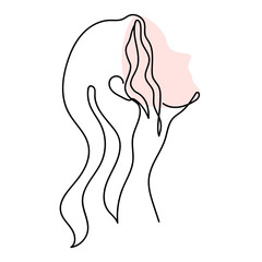 Silhouette of a girl with wet hair in line-art style.