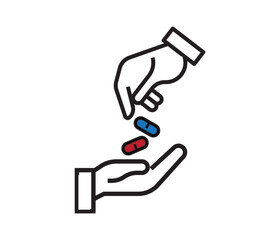 hand giving pills for medical treatment. health concept. editable vector.
