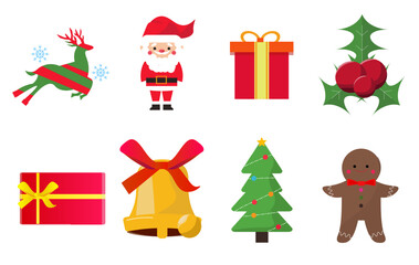 クリスマスのアイコンセット。サンタクロース、クリスマスツリー、プレゼント、ベル、トナカイ。ベクターイラスト