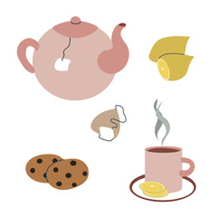 Tea time elements set vector illustration. Pink teapot and cup, tea bag, lemon and cookies. Simple flat cartoon elements isolated on white background. Warm neutral palette