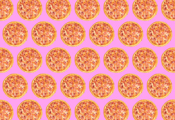 trendy colorful repeating pattern of a whole pizza on a pink background.