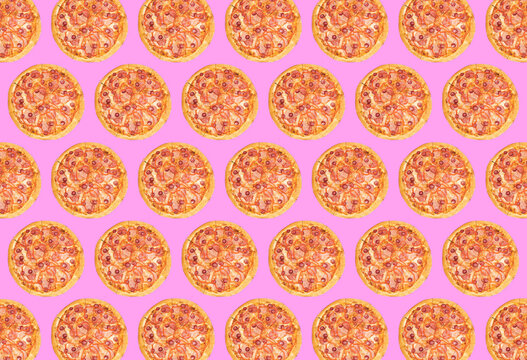 trendy colorful repeating pattern of a whole pizza on a pink background.