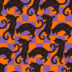 Halloween Black Cat on Purple and Orange Checker Background Vector Seamless Pattern