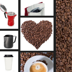 Cup with a drink with foam and coffee grains. Cinnamon sticks and accessories. Set, collage. Appetizing ceremony. Dark background. Square format. Collage.