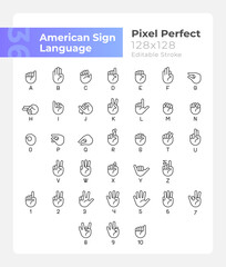 American sign language pixel perfect linear icons set. Communication system. Customizable thin line symbols. Isolated vector outline illustrations. Editable stroke. Montserrat Bold, Light fonts used © IMG visuals icons