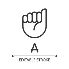 Letter A in American sign language pixel perfect linear icon. Communication system. Thin line illustration. Contour symbol. Vector outline drawing. Editable stroke. Arial font used