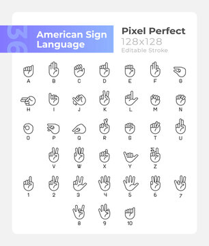 American sign language pixel perfect linear icons set. Communication system. Customizable thin line symbols. Isolated vector outline illustrations. Editable stroke. Montserrat Bold, Light fonts used