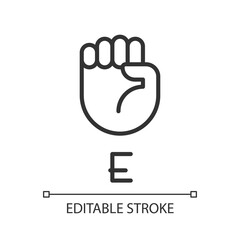 Letter E visualization in ASL pixel perfect linear icon. People with deafness support. Thin line illustration. Contour symbol. Vector outline drawing. Editable stroke. Arial font used