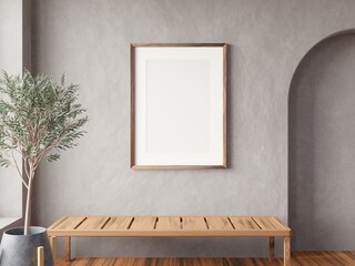 Mock up poster frame on wall in modern interior background, living room. Warm and Cozy style. 3D rendering.