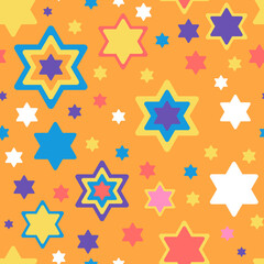 Star of David seamless pattern in bright colours on orange background Vector illustration for Hanukkah holiday, wrapping paper, textile, fabric and packaging decoration
